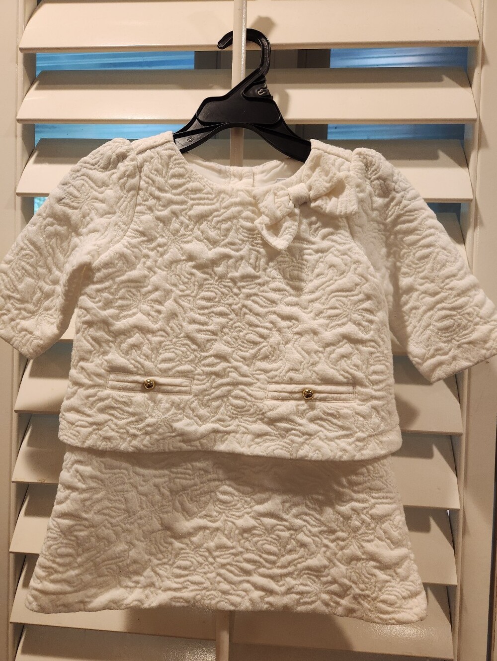 Janie And Jack Girl's White Textured One-Piece Dress with Bow, Size 12-18M